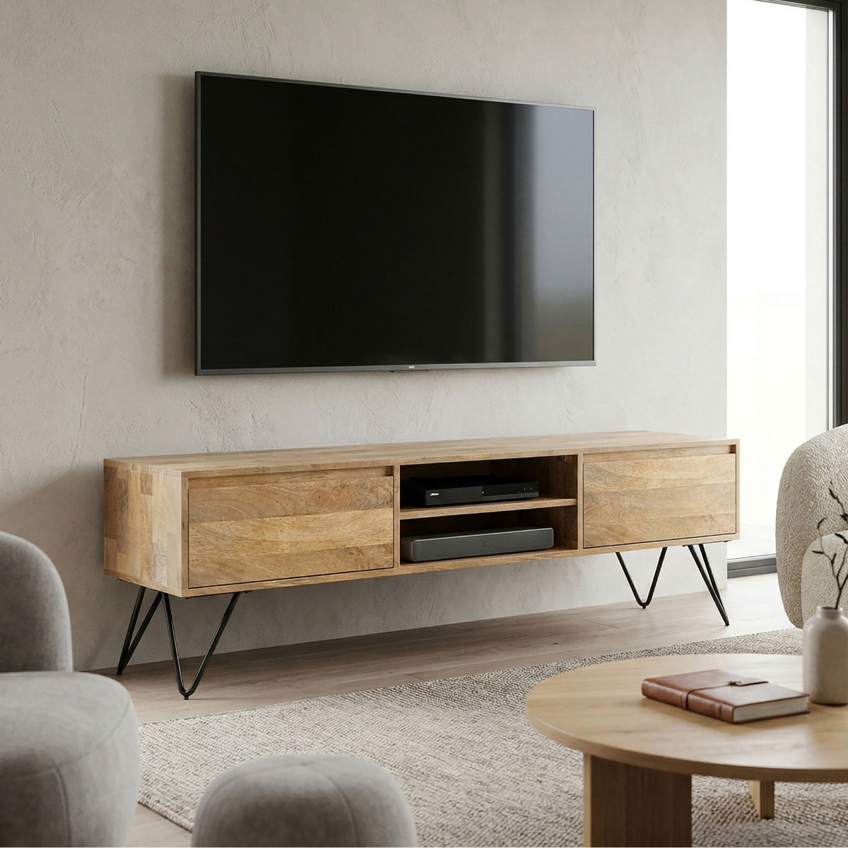 TV media stand in natural wood with open shelf, two drawers, and black metal legs