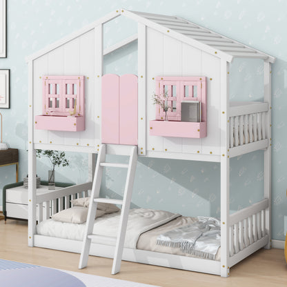 Twin over Twin House Bunk Bed with Roof, Window, Window Box, Door, with Safety Guardrails and Ladder, Pink/White