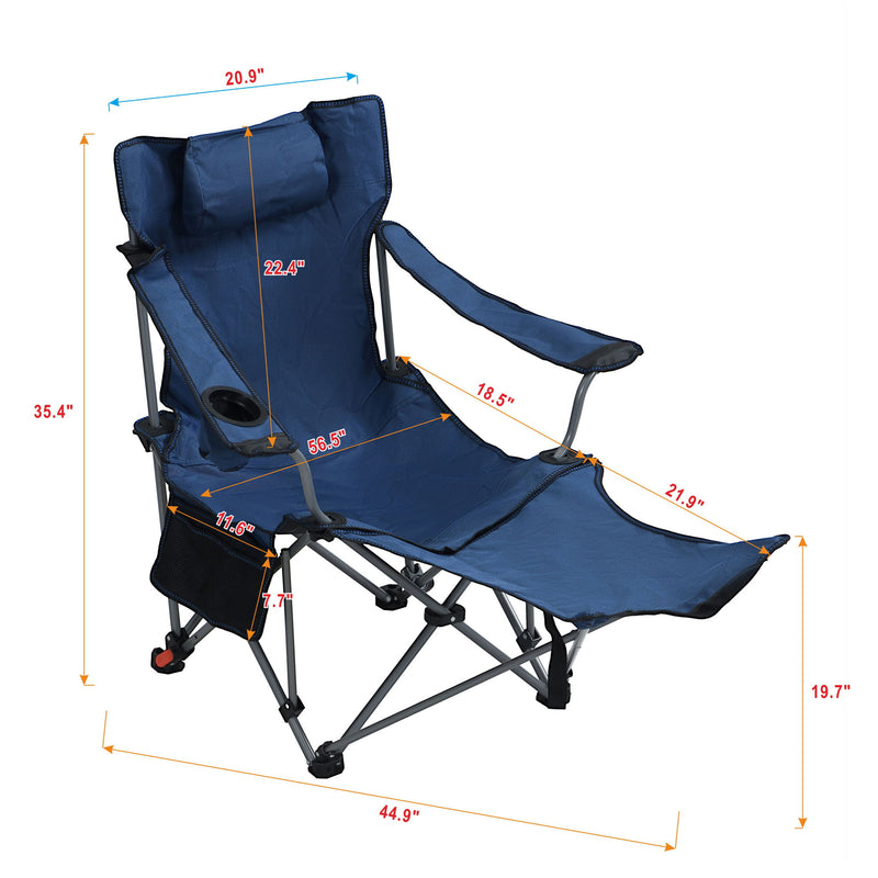 Outdoor Camping Chairs Folding Portable Adjustable Reclining Chair With Side Pockets & Cup Holder - Dark Blue