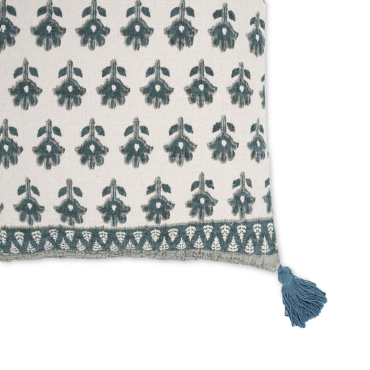Blossom - Printed Cotton Tassel 20" Accent Cushion - Blue