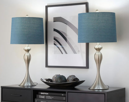 Ashland contemporary table lamp set of 2 with blue fabric shades and silver bases