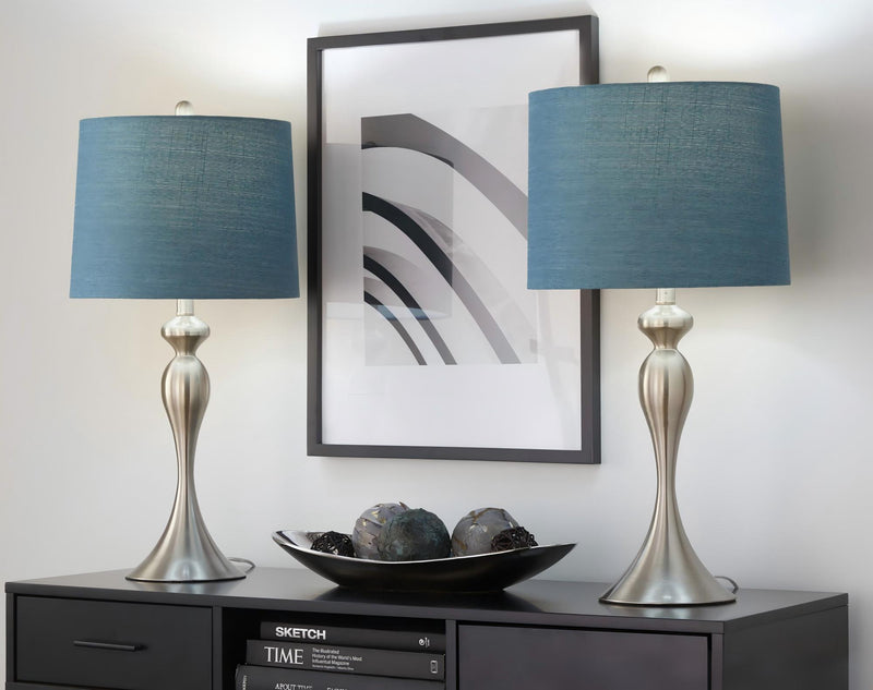 Ashland contemporary table lamp set of 2 with blue fabric shades and silver bases