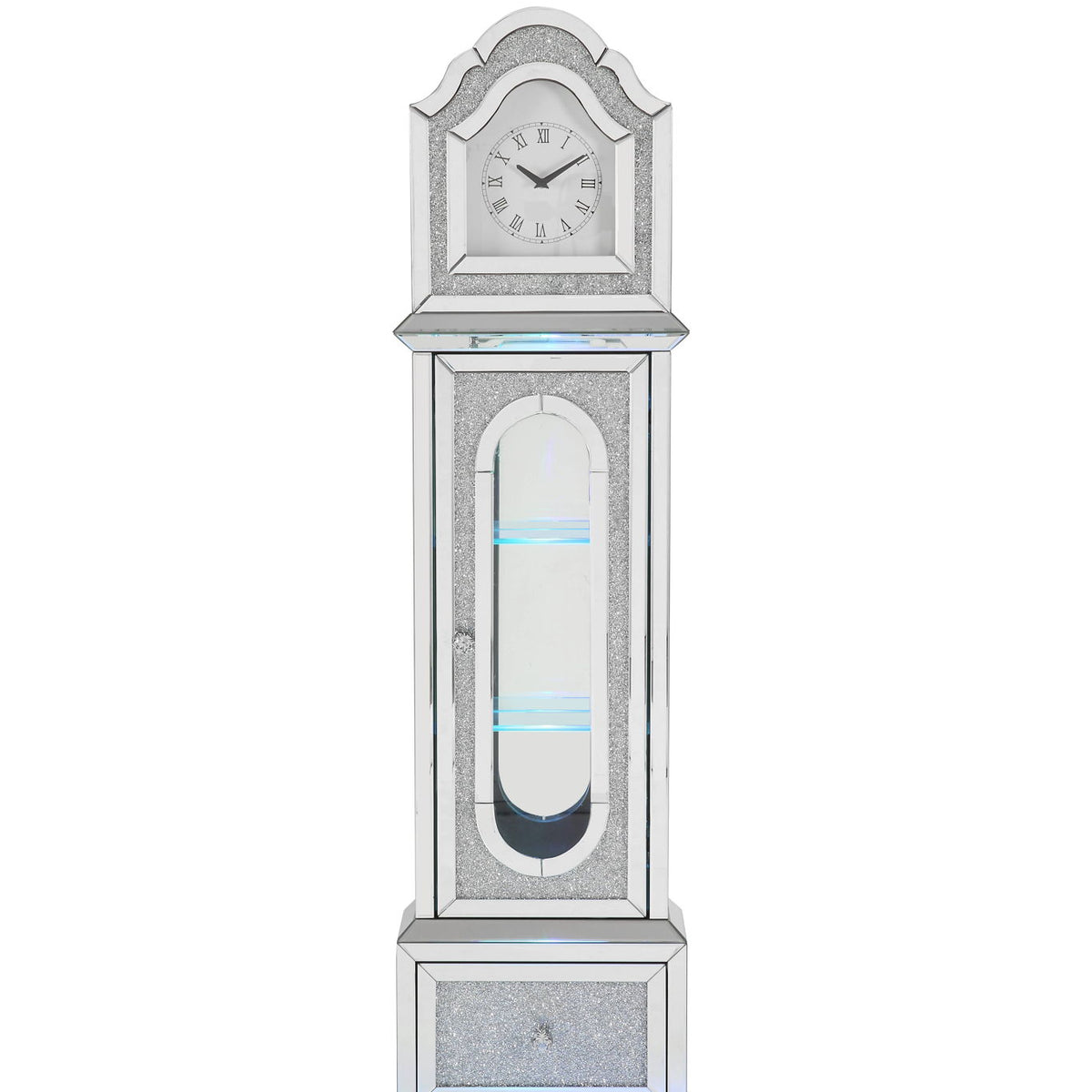 Noralie - Mirrored & Faux Diamonds Grandfather Clock With LED - Silver Gray