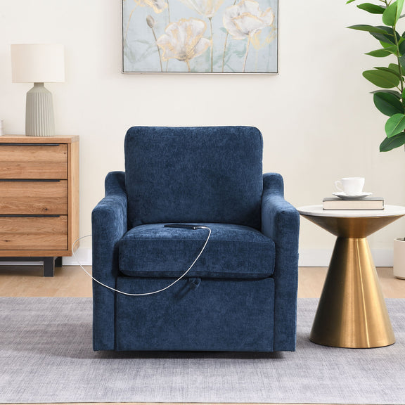Blue swivel accent armchair with high back, thick arms, and protective ties on seat