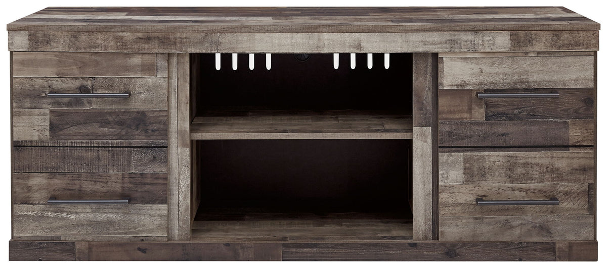 Gray TV console with open cabinet center, two side drawers, and fireplace cutout