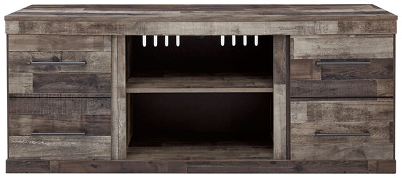 Gray TV console with open cabinet center, two side drawers, and fireplace cutout