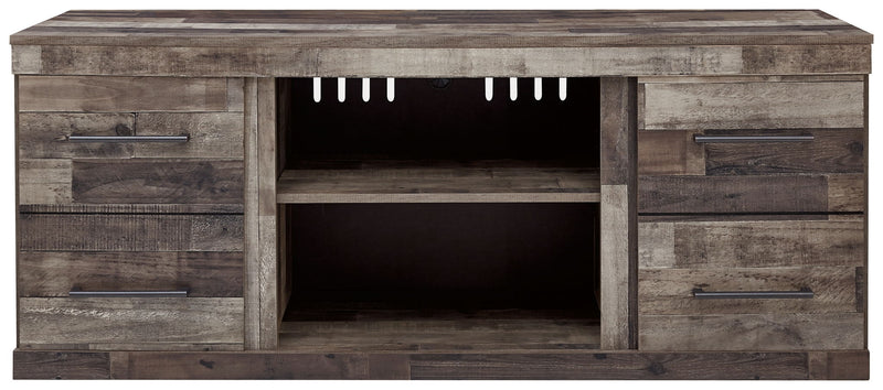 Gray TV console with open cabinet center, two side drawers, and fireplace cutout