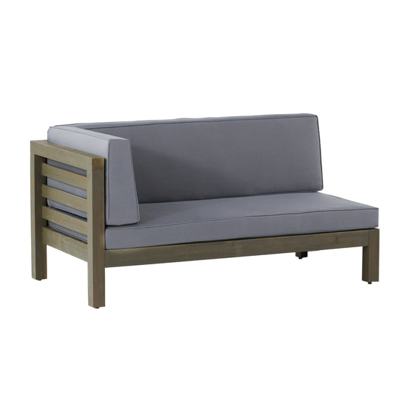 Outdoor bench with gray cushions and dark gray slatted side panel, rectangular bench