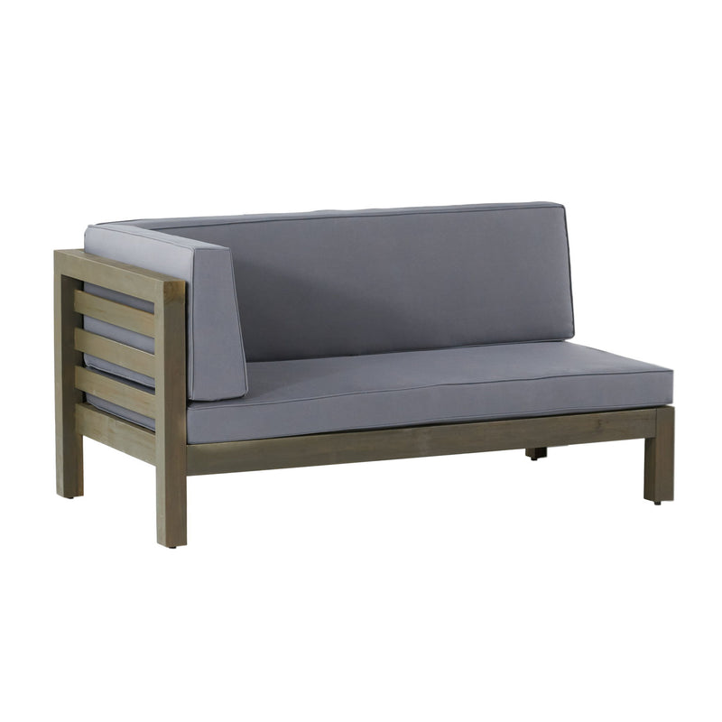 Outdoor bench with gray cushions and dark gray slatted side panel, rectangular bench