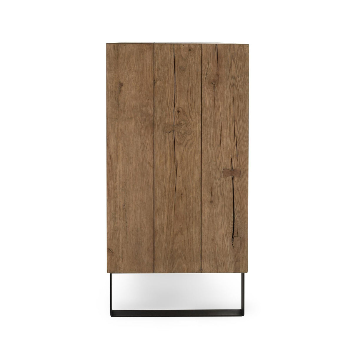 Oak sideboard with vertical wood panels, hinged doors, and black base trim