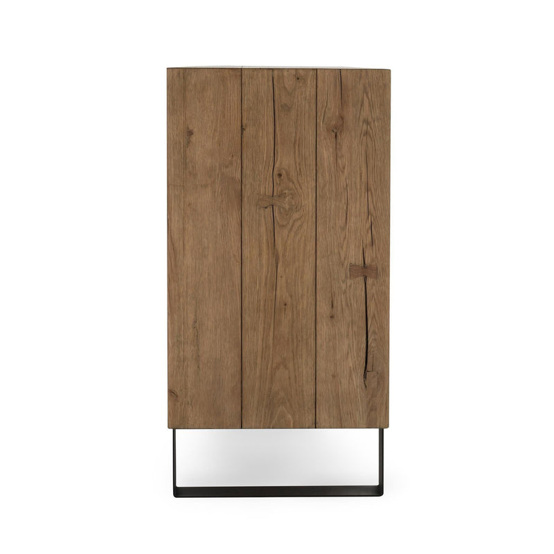 Oak sideboard with vertical wood panels, hinged doors, and black base trim