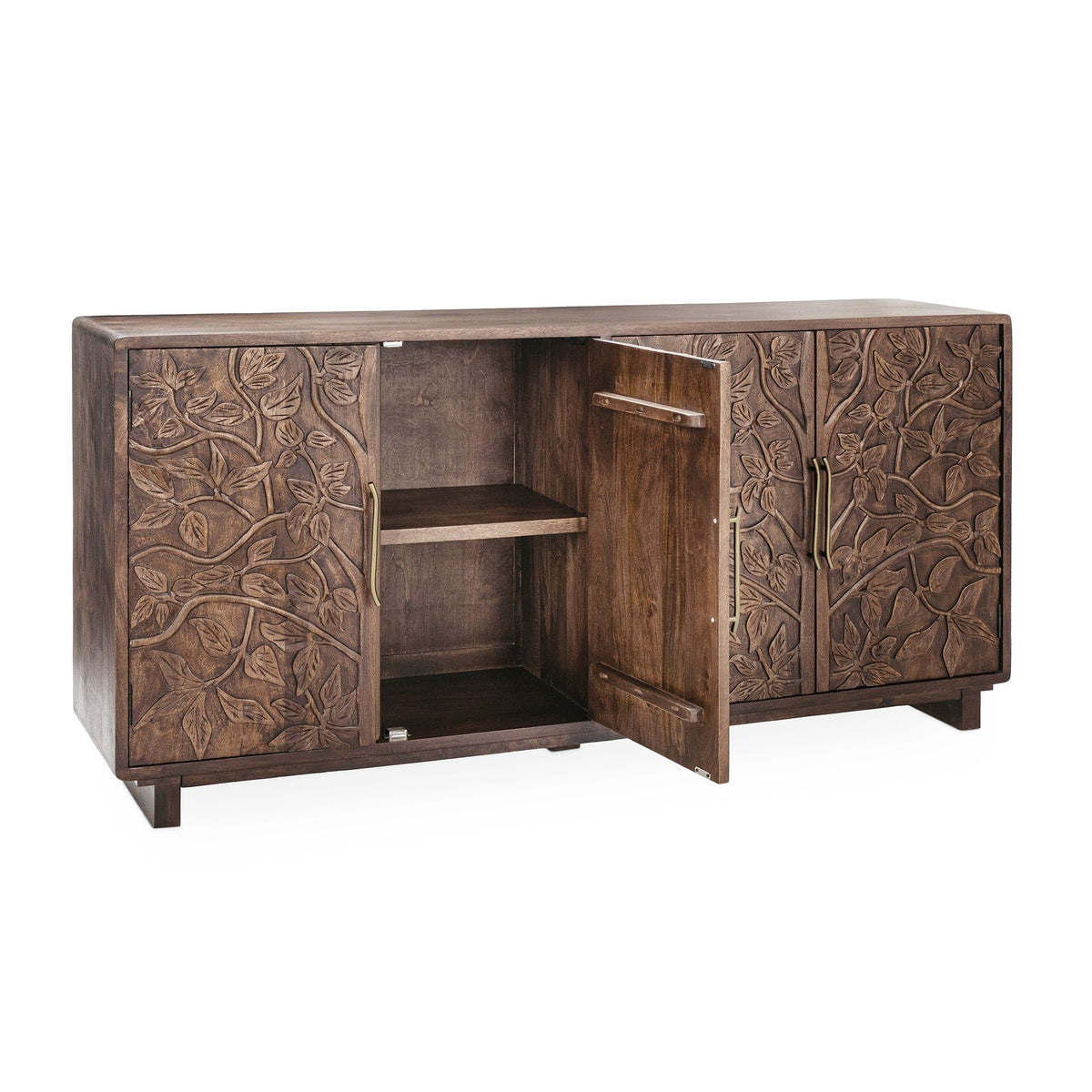 Kona brown wooden buffet with four doors; one door open to reveal a shelf inside.