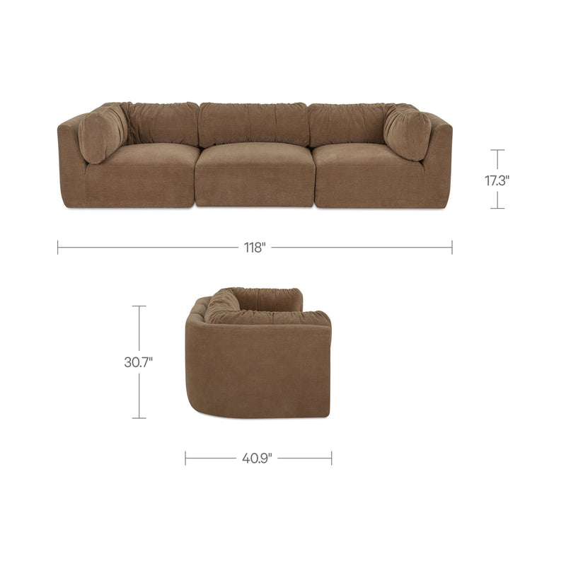 Taupe modular sofa sectional with rounded arms and curved back cushions