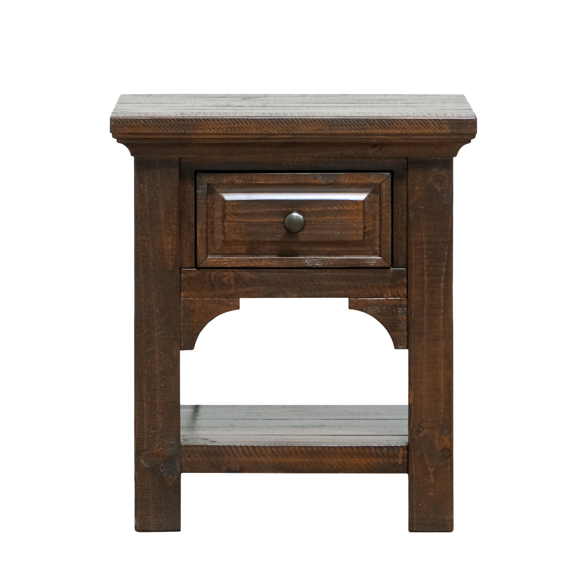 Brown wooden nightstand with single drawer, arched cutout, and metal knob