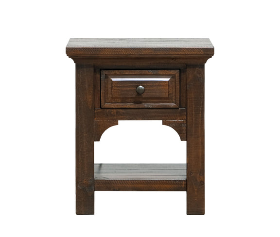 Brown wooden nightstand with single drawer, arched cutout, and metal knob