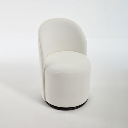 Beige armless barrel dining chair with rounded back and cushioned seat, swivel base