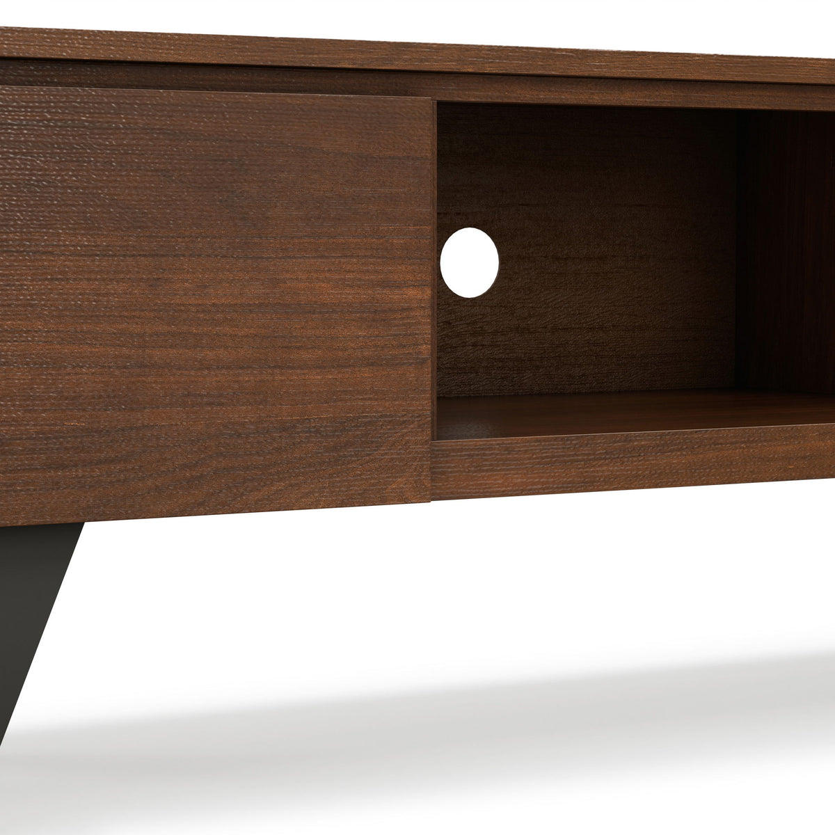 Walnut media stand cabinet side with round cable port opening and interior shelf
