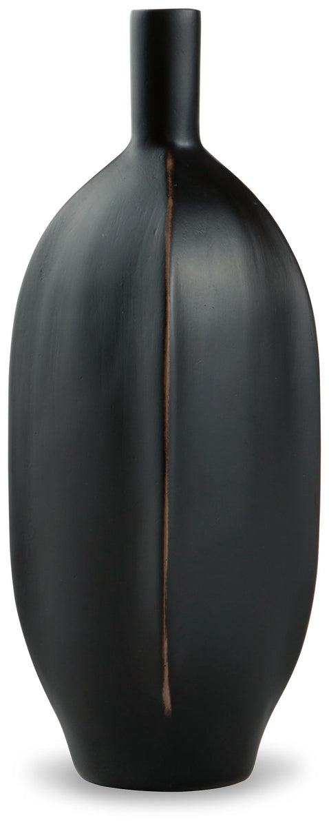Rhaveney small black vase, rounded body with narrow neck and copper seam line