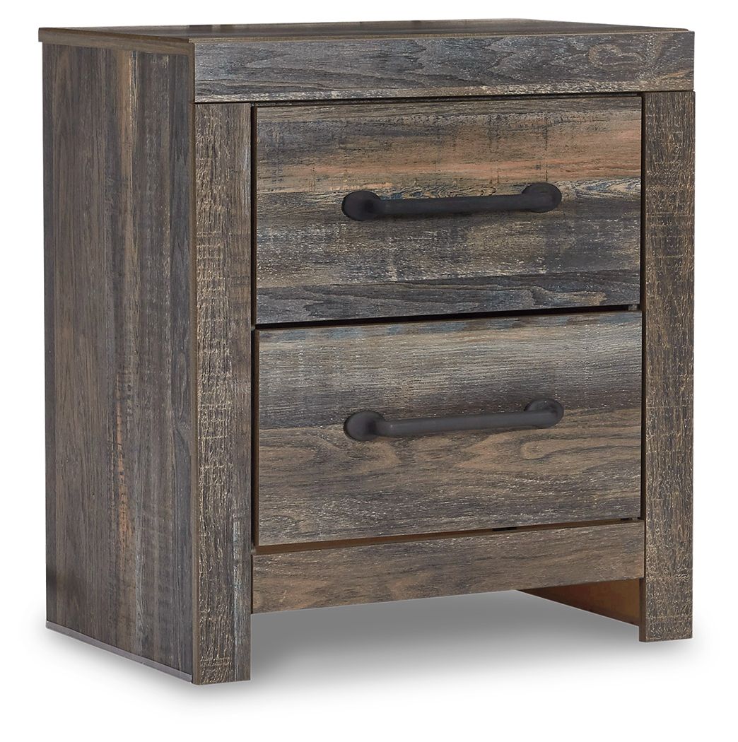 Two-drawer night stand in rustic brown wood, side view with two drawer pulls
