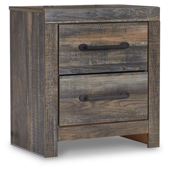 Two-drawer night stand in rustic brown wood, side view with two drawer pulls