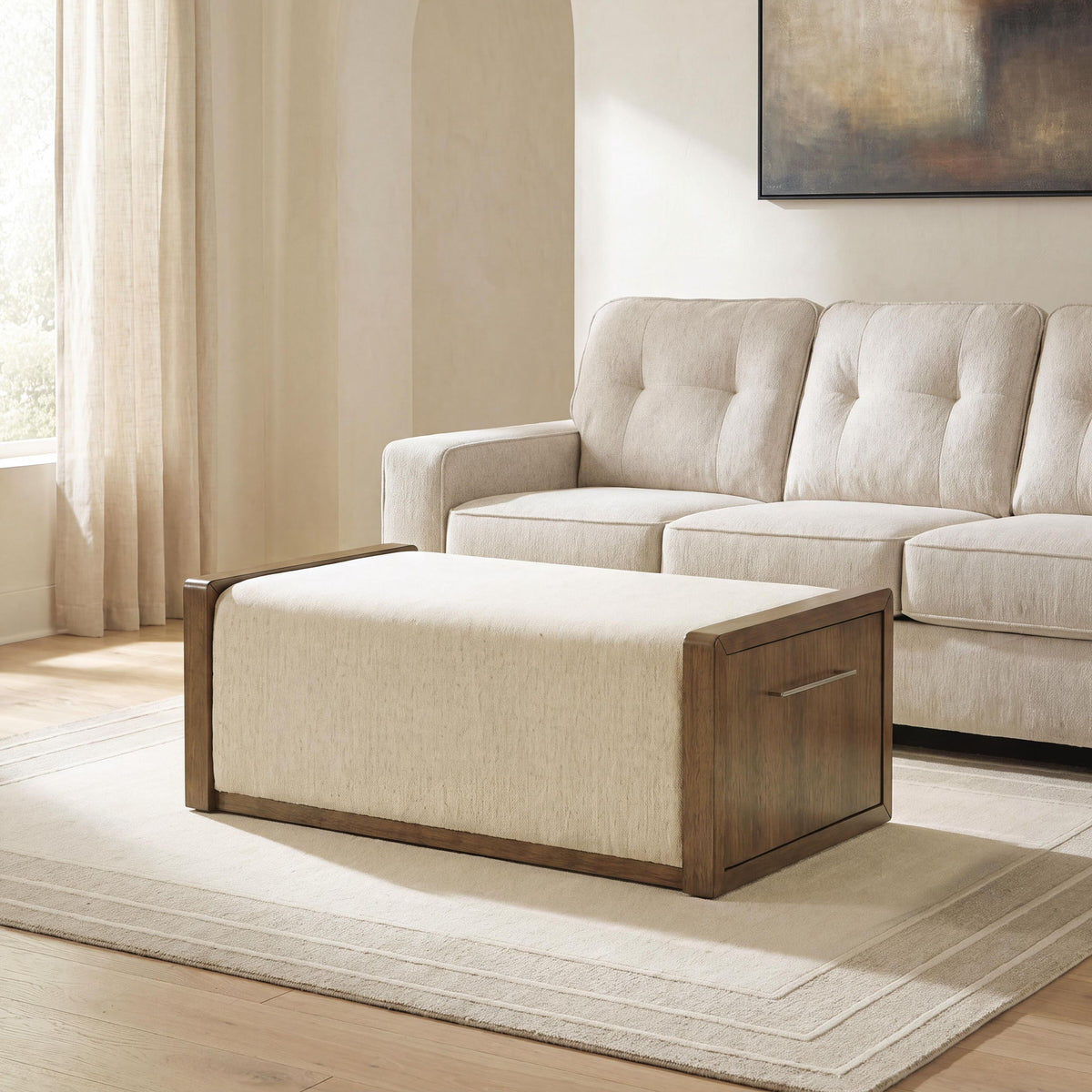 Upholstered storage ottoman with padded seat and two hinged side doors, beige and brown