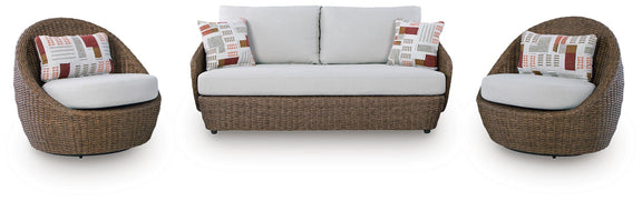 Set of two swivel chairs and a loveseat, beige cushions and brown wicker weave