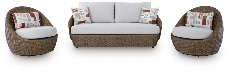 Set of two swivel chairs and a loveseat, beige cushions and brown wicker weave