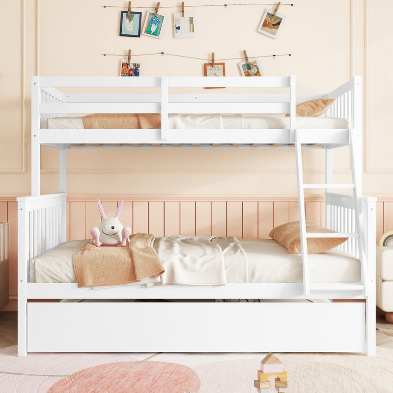 Twin Over Full Rubber Wood Bunk Bed with Trundle, Convertible Ladder and Guardrail, Detachable, Convertible Bed, with Twin Size Trundle, White