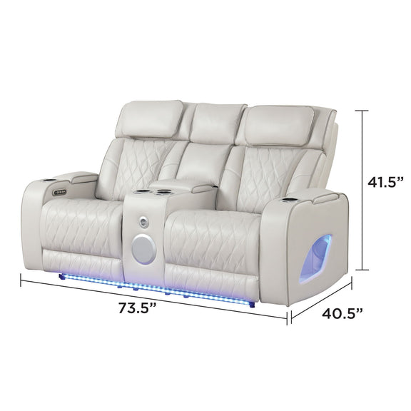 Fortuner power reclining sofa in white leather-look upholstery with dimensional measurements