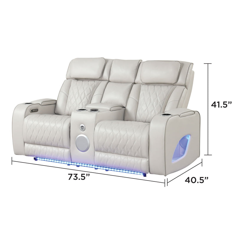 Fortuner power reclining sofa in white leather-look upholstery with dimensional measurements