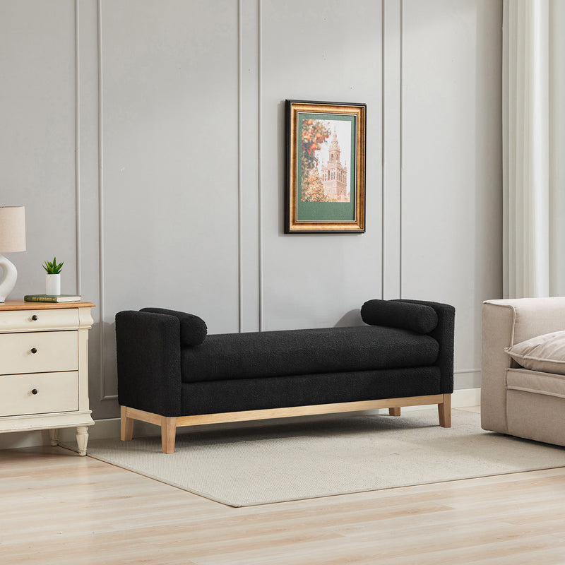 66.34'W Elegant Upholstered Bench, Daybed, Ottoman with Nature Wood Legs & 2 Bolster Pillows for End of Bed, Bedroom, Living Room, Entryway, Black Boucle