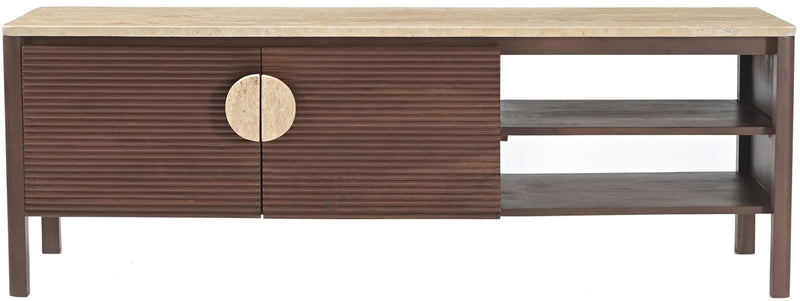 Varenna acacia wood media console with slatted center door and side open shelves