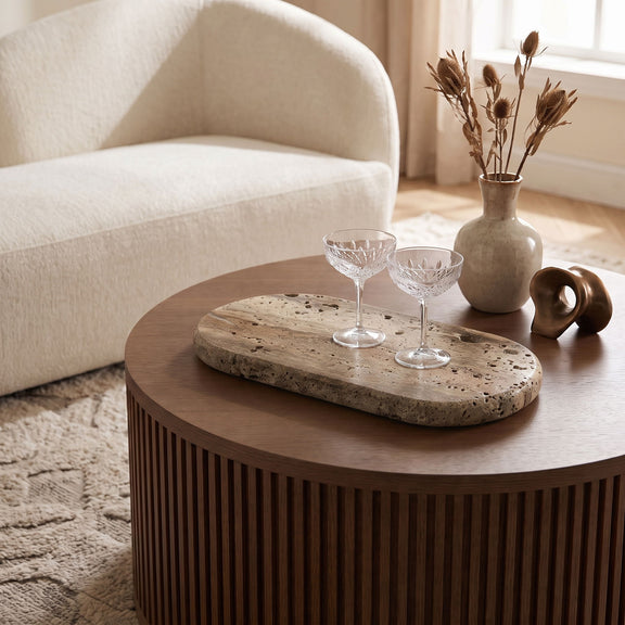 Genuine marble tray, beige oval with speckled stone surface