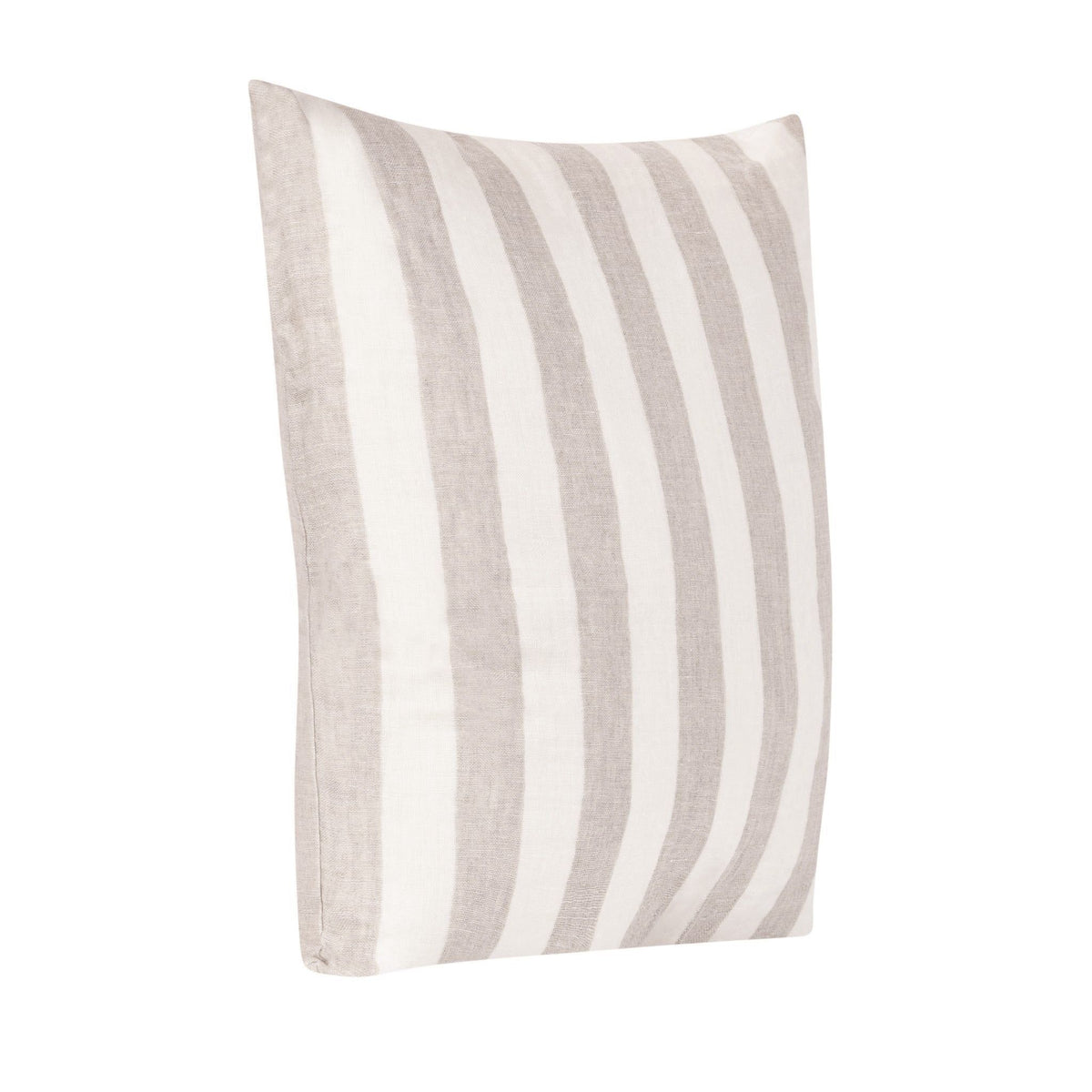 Throw pillow with vertical stripes in ivory and light beige, angled view
