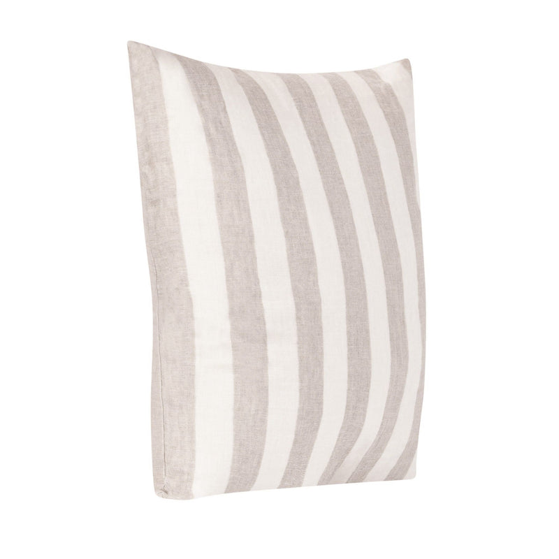 Throw pillow with vertical stripes in ivory and light beige, angled view