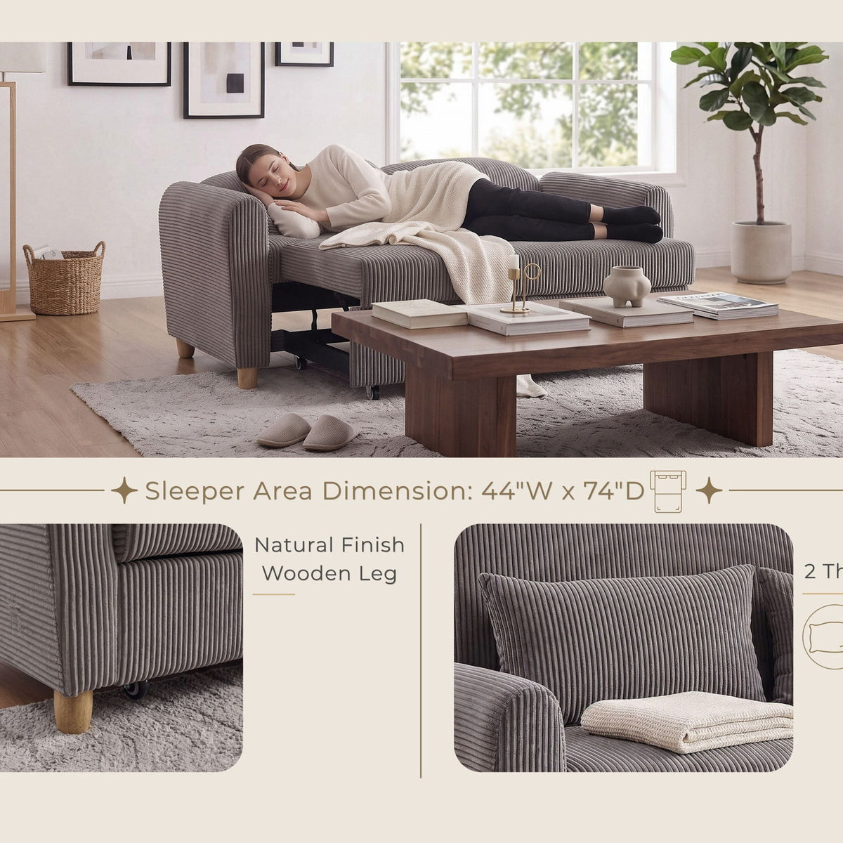 Brown striped sleeper loveseat with two pillows and wooden legs, convertible seating