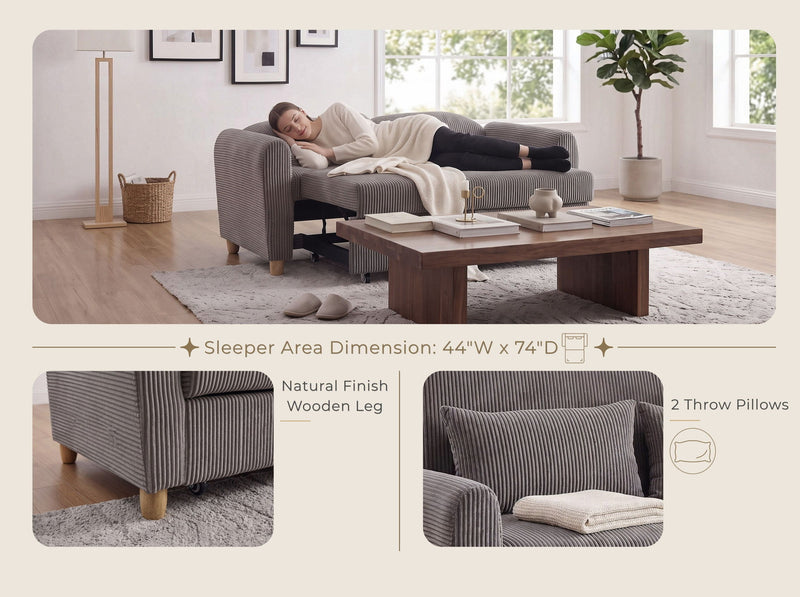 Brown striped sleeper loveseat with two pillows and wooden legs, convertible seating