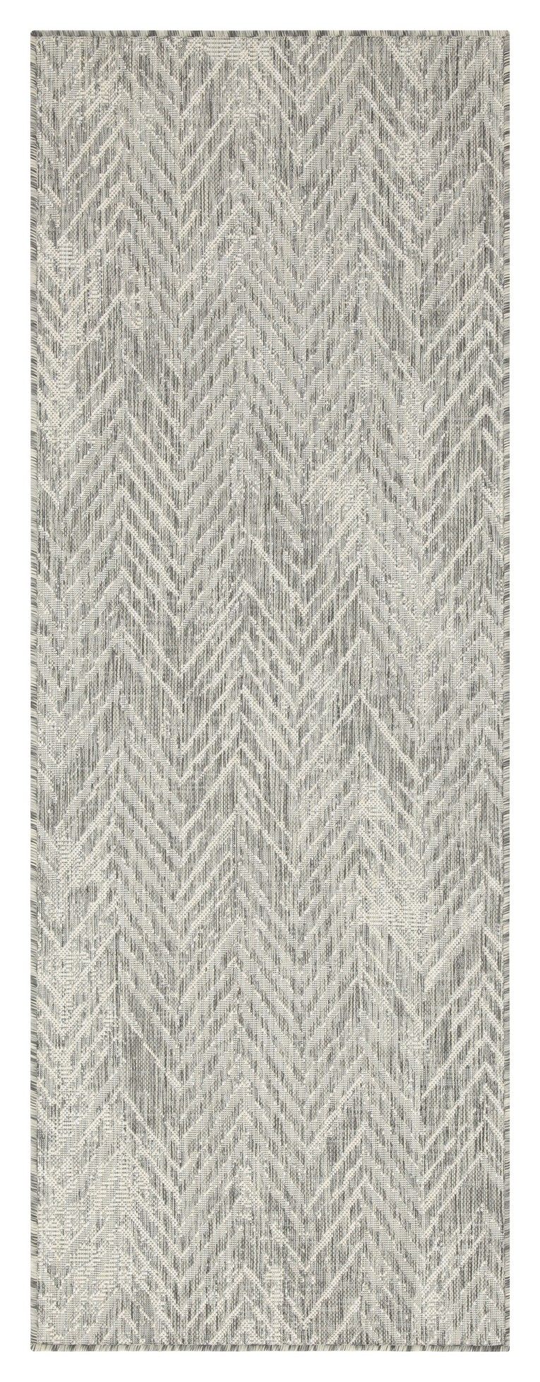 Indoor/outdoor area rug with light gray and cream chevron pattern, flatwoven look.