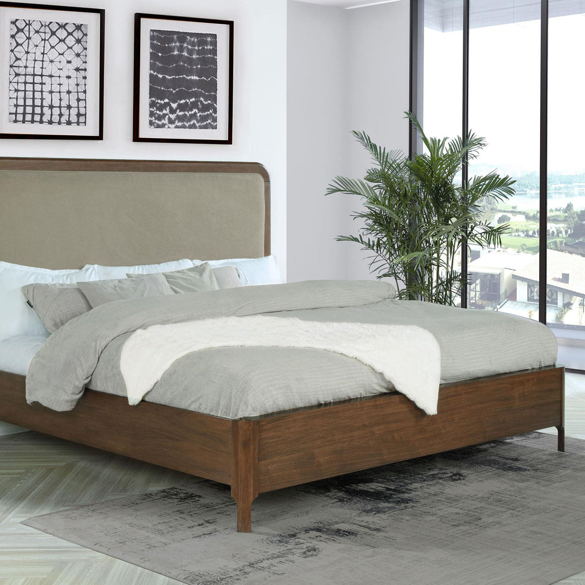 Maderia 57-inch Upholstered Eastern King Panel Bed Walnut