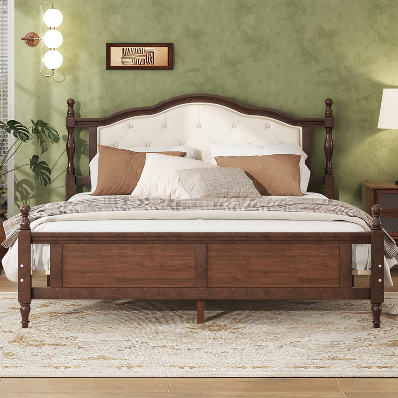 Queen Pine wooden Bed with Upholstered Headboard and Panel Footboard, with Two Bed Rail Support Feet and Central Platform Support Feet, Walnut