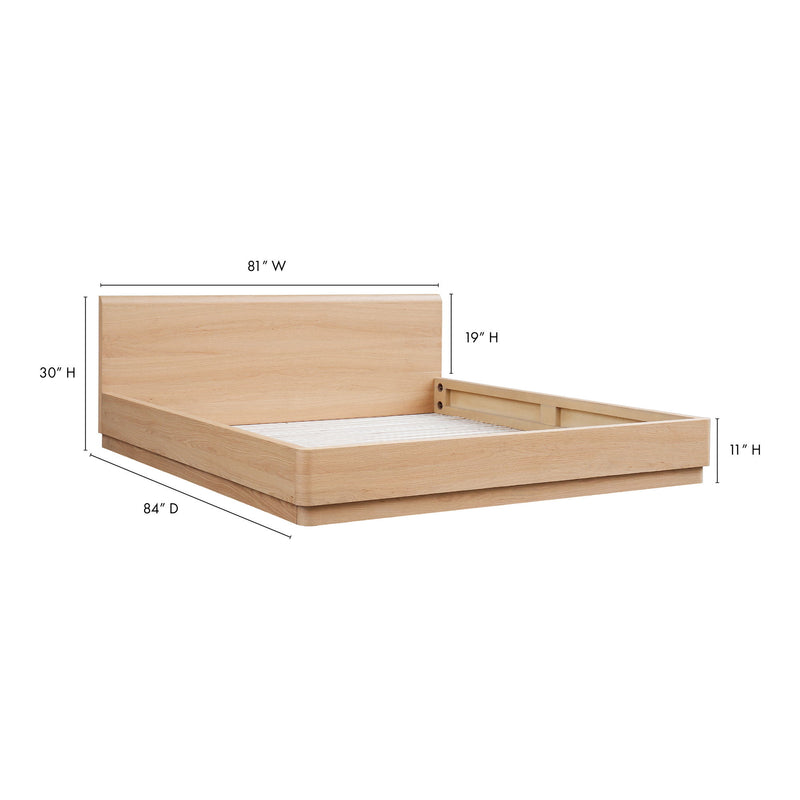 Natural oak king bed frame, low platform base with slatted interior