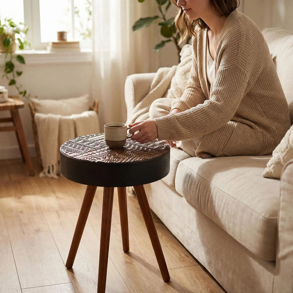 Round coffee table with carved patterned top, dark base, and three light-brown tapered legs