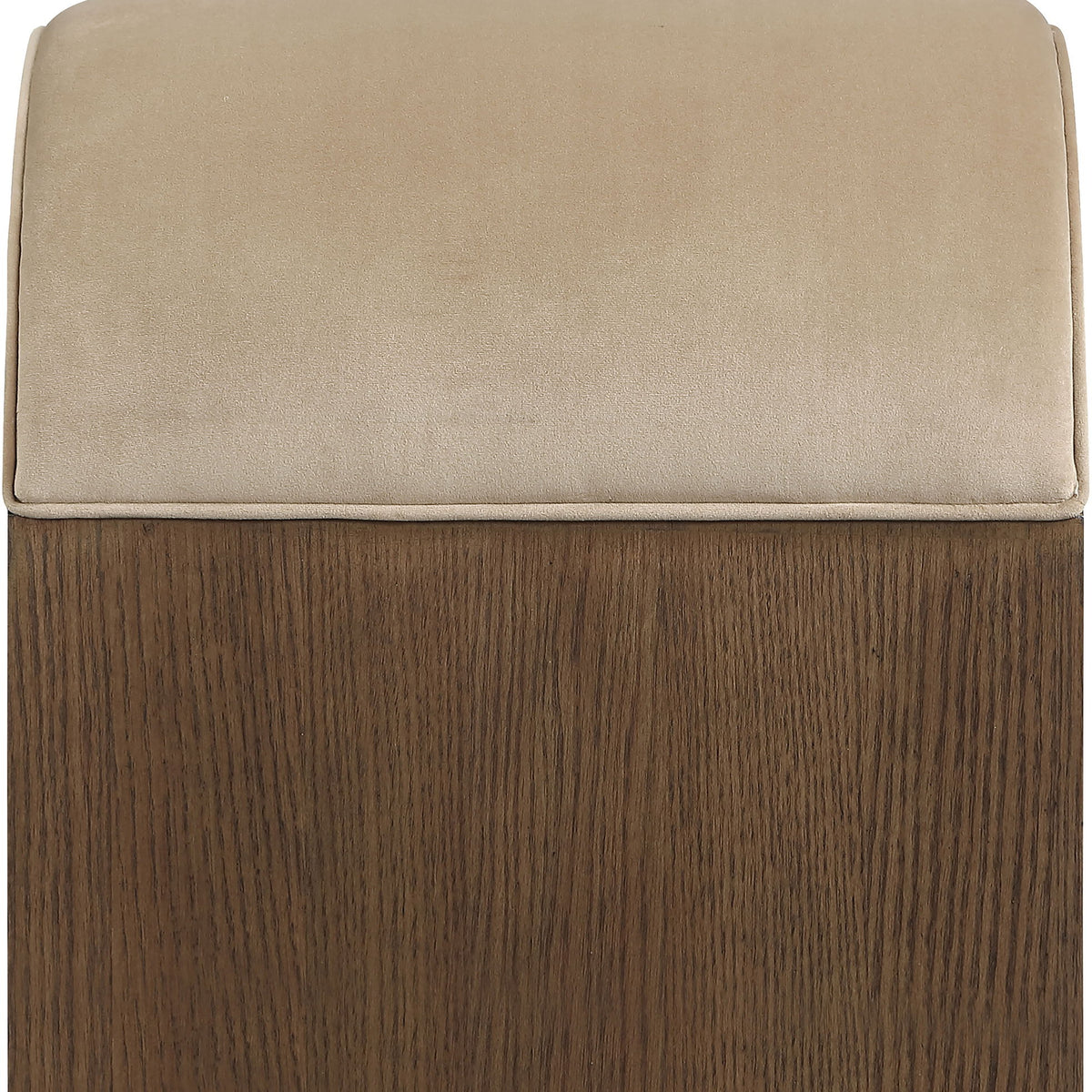 Beige upholstered bench top with dark wood sides and rounded padded back