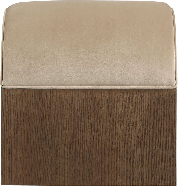 Beige upholstered bench top with dark wood sides and rounded padded back