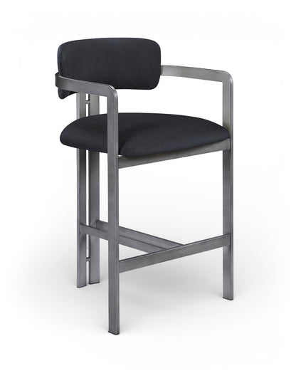 Black vegan leather counter stool with padded back and seat, gray metal frame
