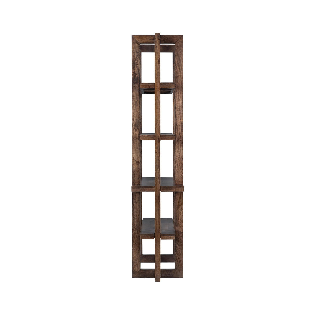 Brown wooden bookcase end view with open shelving and square grid openings