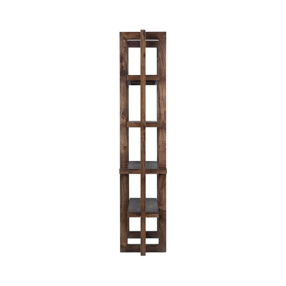 Brown wooden bookcase end view with open shelving and square grid openings
