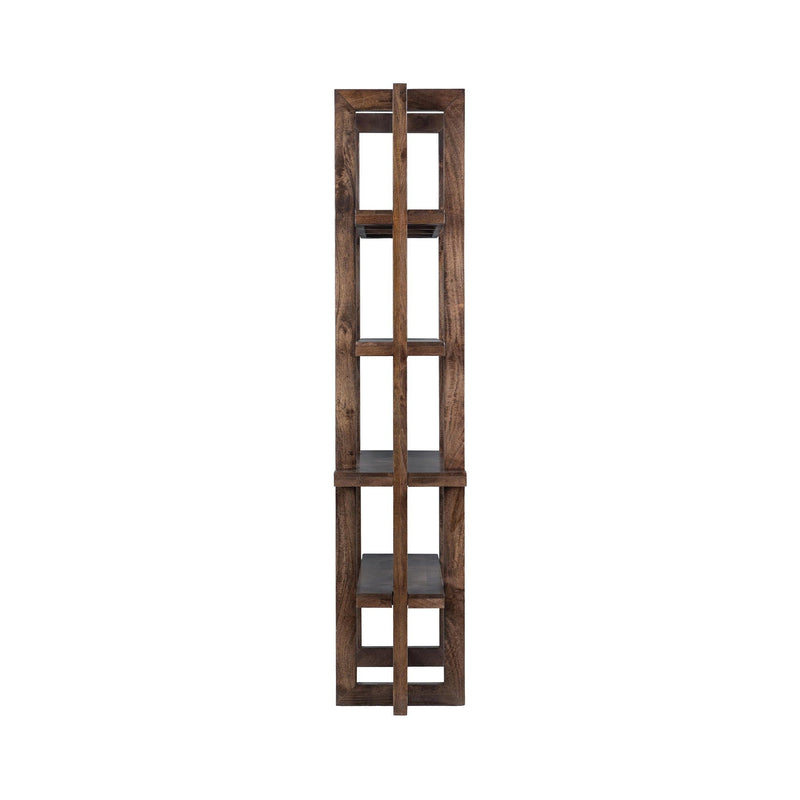 Brown wooden bookcase end view with open shelving and square grid openings