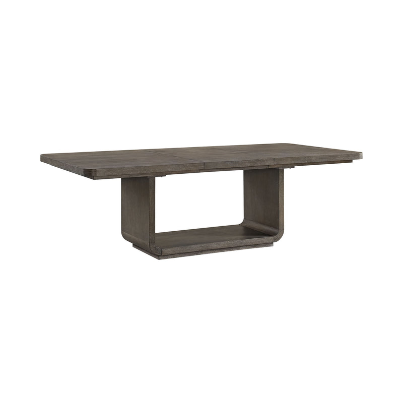Rectangular dining table with leaf, dark gray finish, open pedestal base with shelf