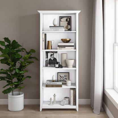 White 5-shelf bookcase with open shelves and decorative display style.